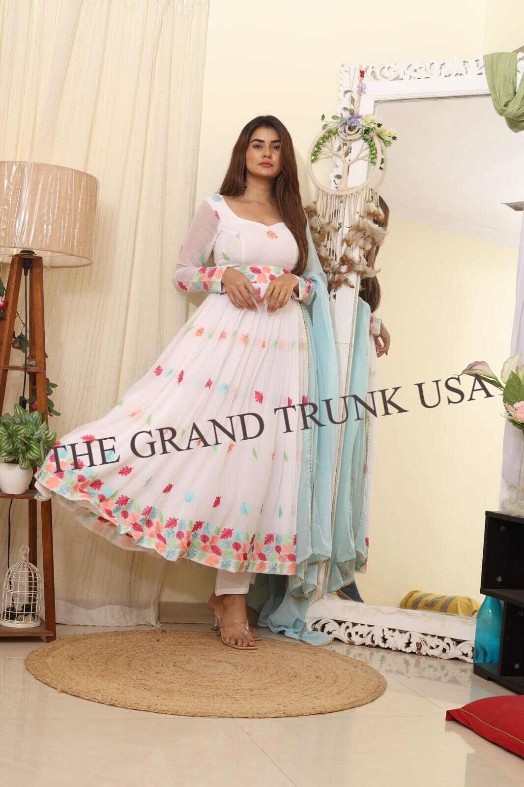 Astha Narang Red Floral Work Off Shoulder Anarkali Gown | The Grand Trunk