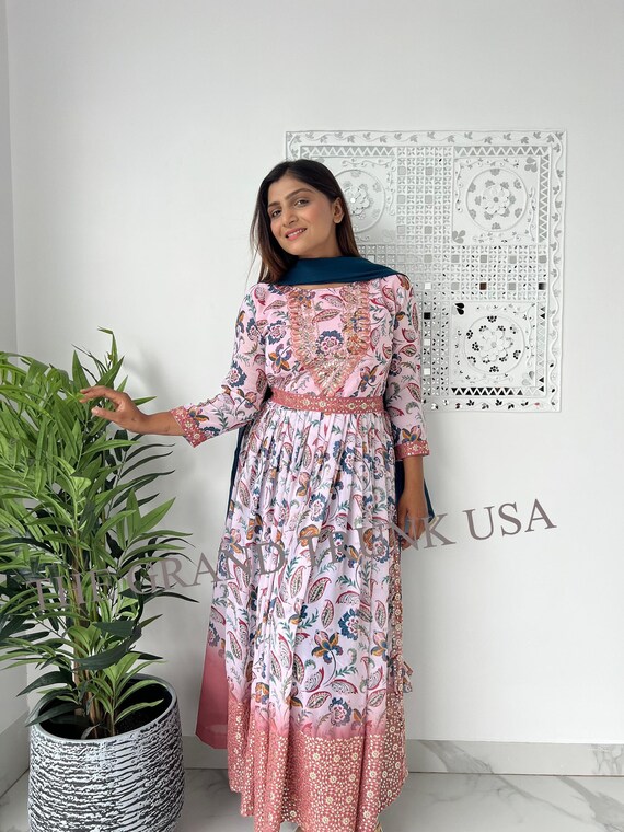 Pink Naira Cut Kurta Palazzo Set Indian Handmade Women Kurti Pant Dupatta  Dress | eBay