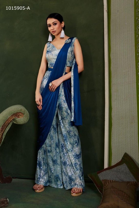 Buy Lycra Festive Readymade Saree in Blue With Sequence Work Online in  India - Etsy