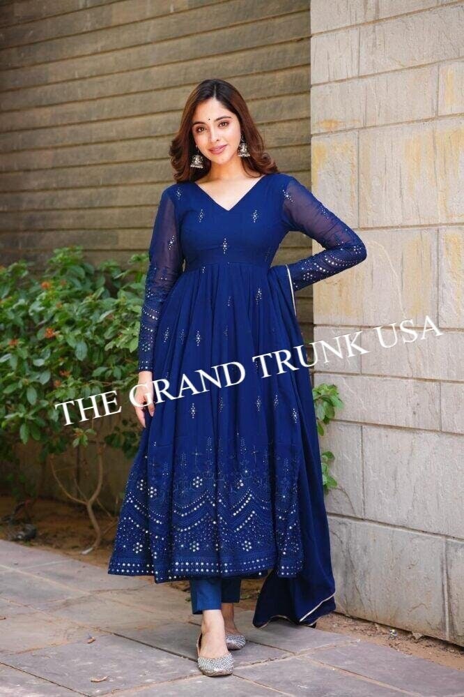 Designer Navy Blue Anarkali Gown With Dupatta Anarkali Suit Long
