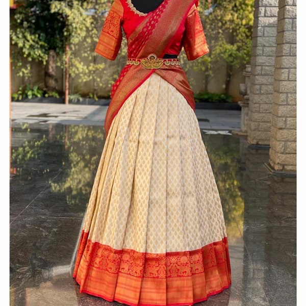 New kanjivaram silk half Saree lehenga pure zari weaving south Indian wedding woman half saree lehenga with stitch Women blouse and lehenga