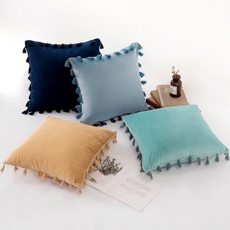 20 Colors Navy Brush Fringe Pillow midnight Blue Velvet Etsy