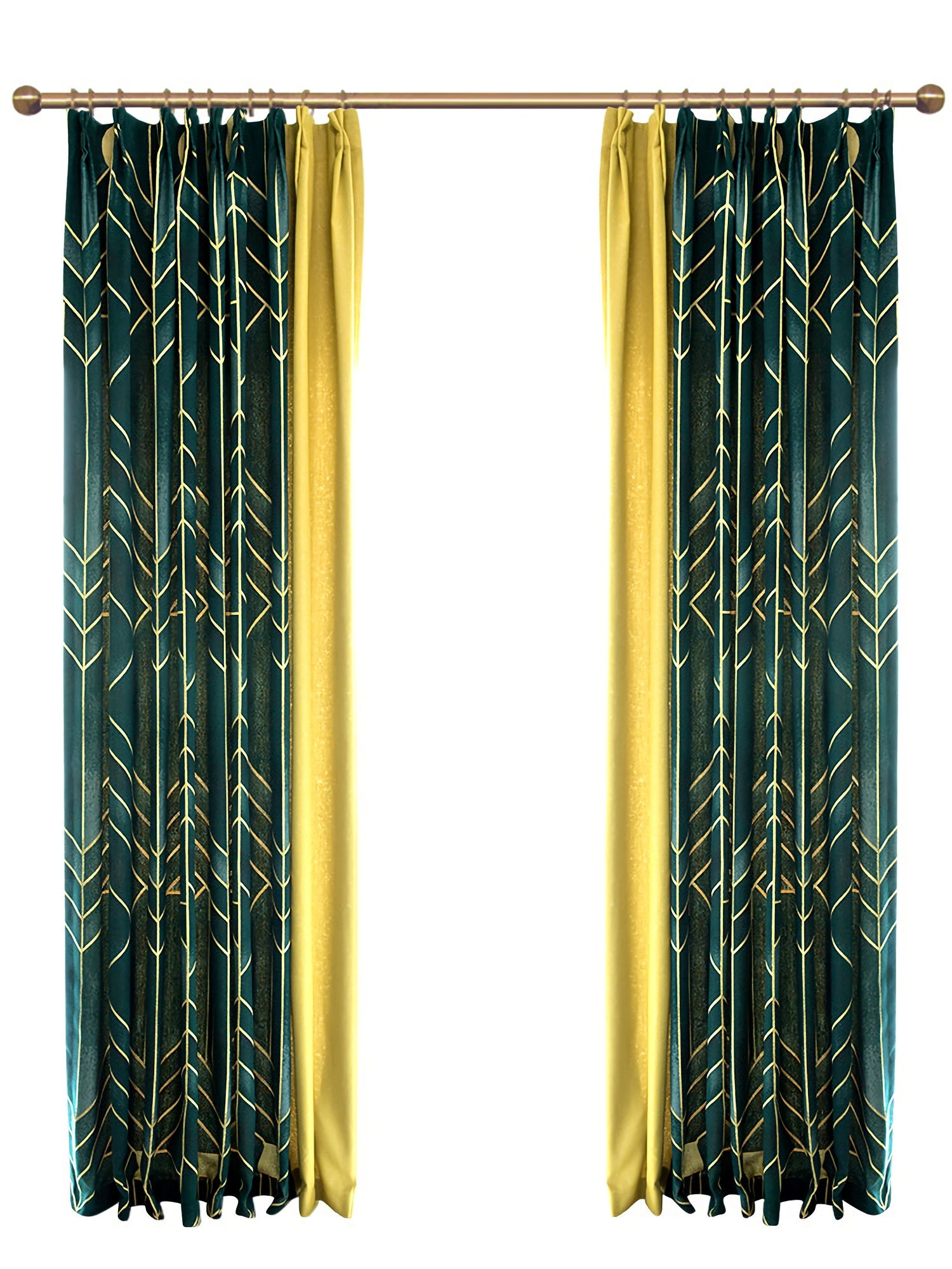 A pair of green/yellow Herringbone pattern Trim curtains Etsy