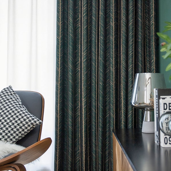 Pair of Emerald/ Dark Green Luxury Gold-line Jacquard Curtains Panels/Stripes, Bedroom/Living room Curtain With Fishbone/Herringbone Pattern