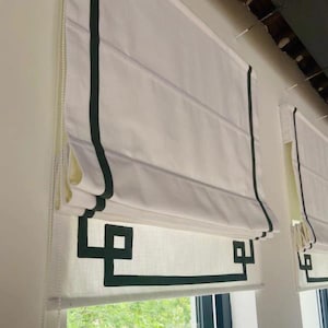 Flat White Roman Shades for Windows Roman Shade with Chain Mechanism, Geometric Greek Key Border Design, Custom Roman Blinds