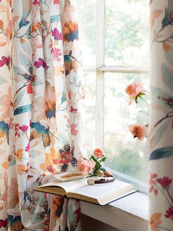 Un par de cortinas con estampado de flores y plantas, cortinas con estampado  de flores para dormitorio/sala de estar, cortinas de tamaño personalizado -   España