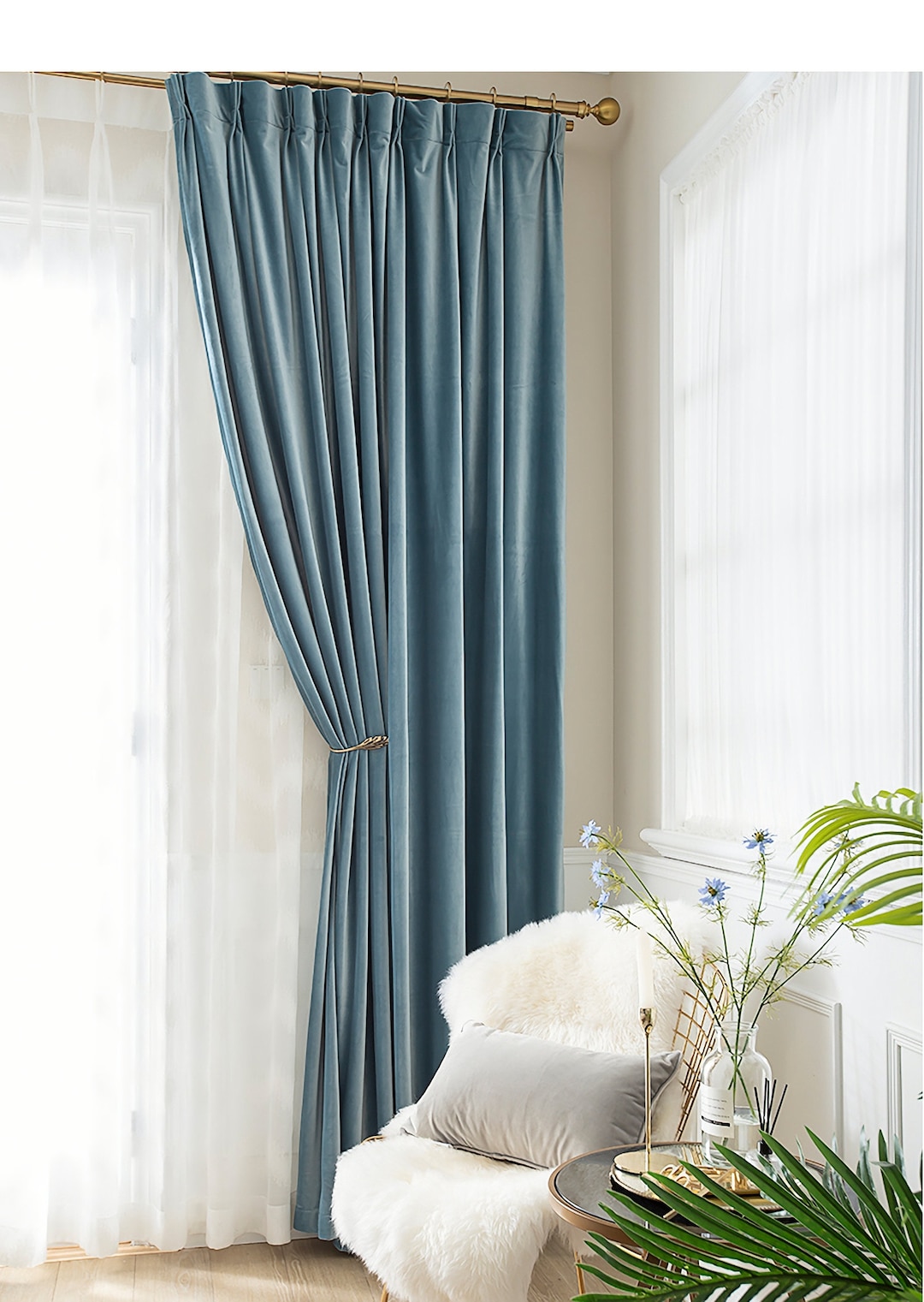 Pepper Home  Sky Blue Velvet Custom Curtains