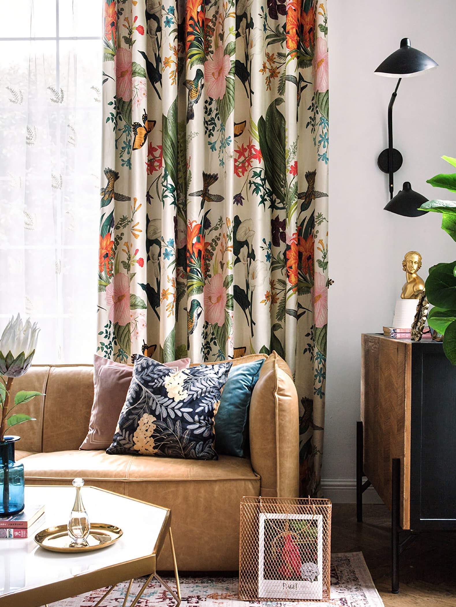 Pair of Bird Print Velvet Curtains Draperies Pastoral Style Etsy UK