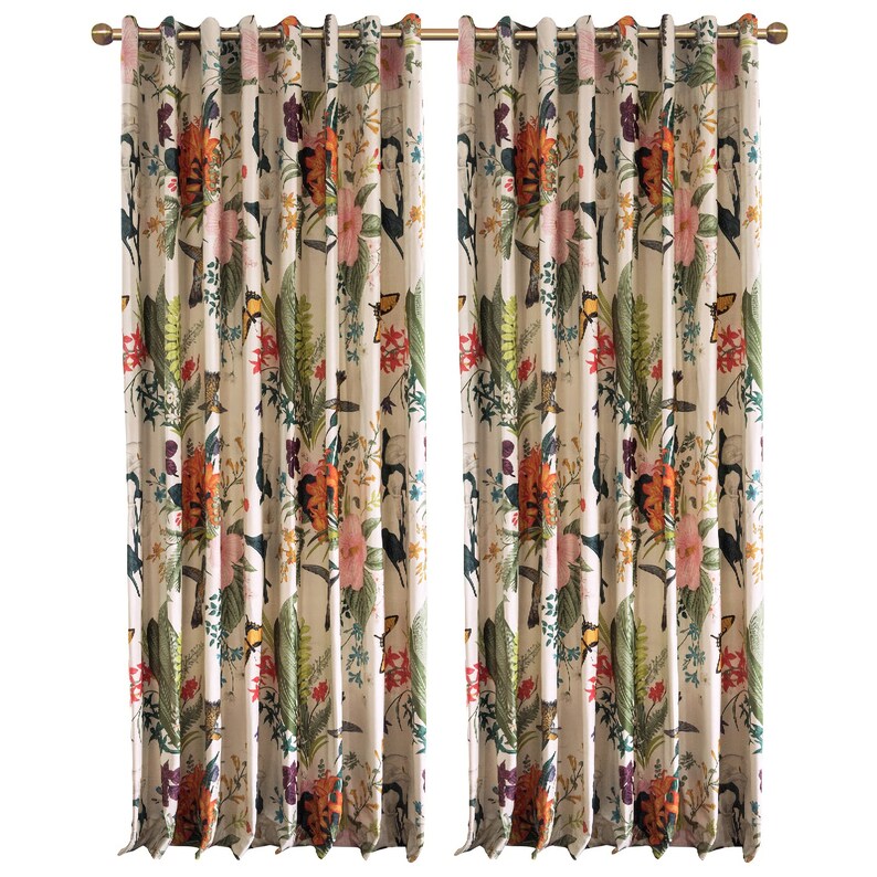 Pair of Bird Print Velvet Curtains Draperies Pastoral Style Etsy