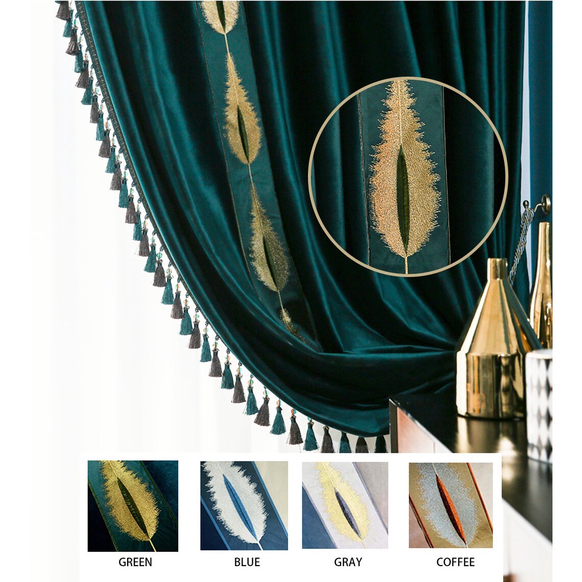 Set of 2 Emerald green Tassels Velvet Curtains Dark Green Etsy