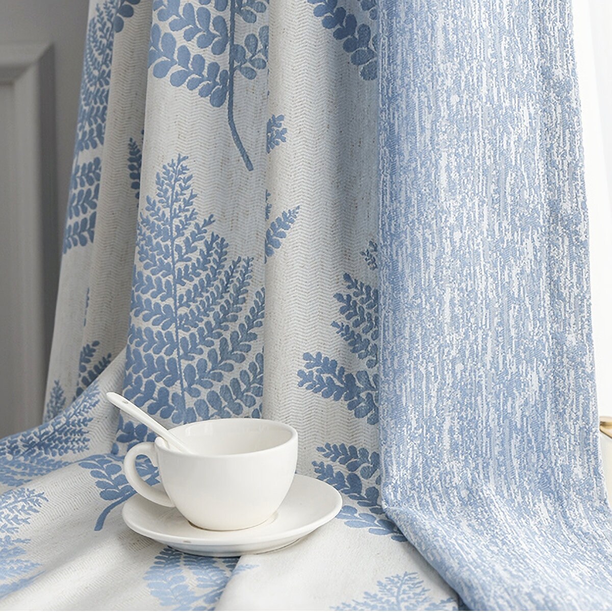 A Pair of Leaf Plant Botanical Curtains Sky Blue Drapes | Etsy