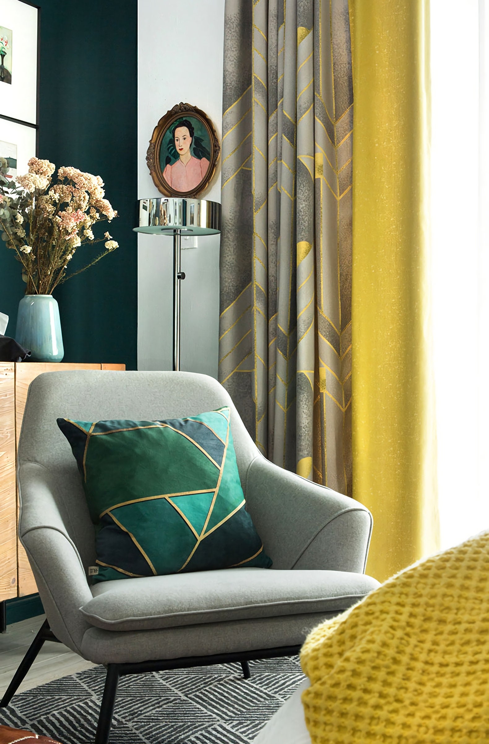 A pair of green/yellow Herringbone pattern Trim curtains Etsy