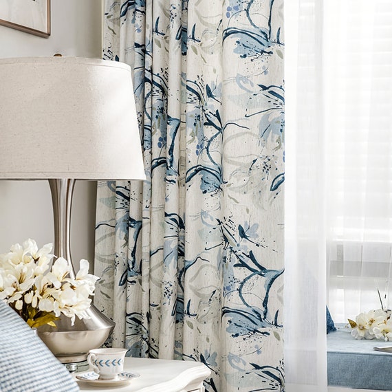 Un paio di tende botaniche floreali, tenda finestra blu, tende floreali  prato, camera da letto/tende per soggiorno, pannelli per tende  personalizzati -  Italia