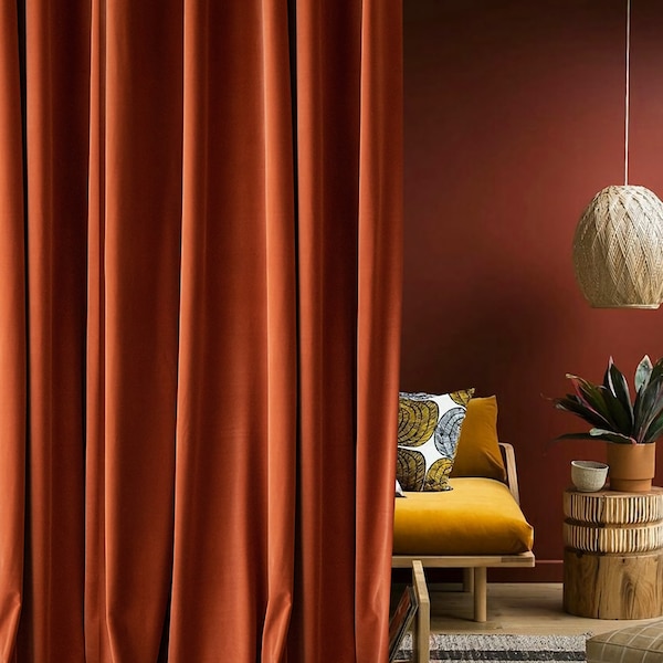 A pair of Warm Orange Luxury Velvet Curtains, Custom Made Rustic-Window Curtain Panel Drapes, Living & Bedroom Curtains-Custom Curtain