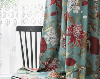 2 colores Un par de cortinas de cortina azul verdoso/gris, patrón de cortinas de pájaros/florales, cortinas para sala de estar, cortinas de tamaño personalizado