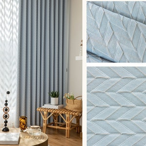 A Pair of Luxury Gold Lines Fishbone Pattern Jacquard Sky Blue Curtains , Bedroom/Living Room Curtain Panel ,Custom Curtain Draperies