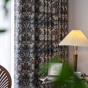 Pair of Navy blue Plant Flower Print Pattern Victorian Curtain Panels, Rustic/Country style Bedroom/Curtains for living room, Custom Curtain