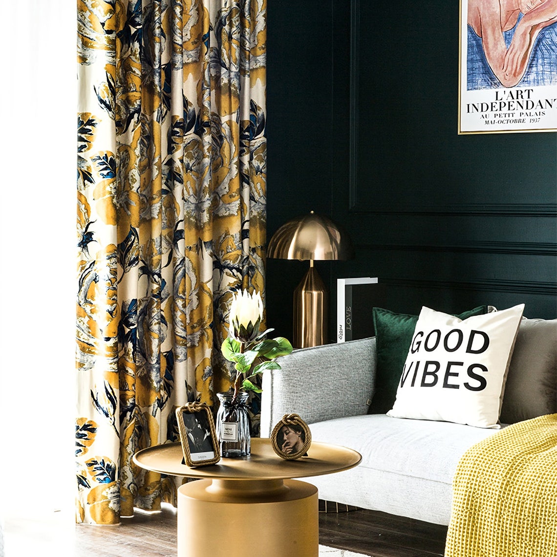 A Pair of Gold Yellow Velvet Curtains Panel Curtain of Etsy