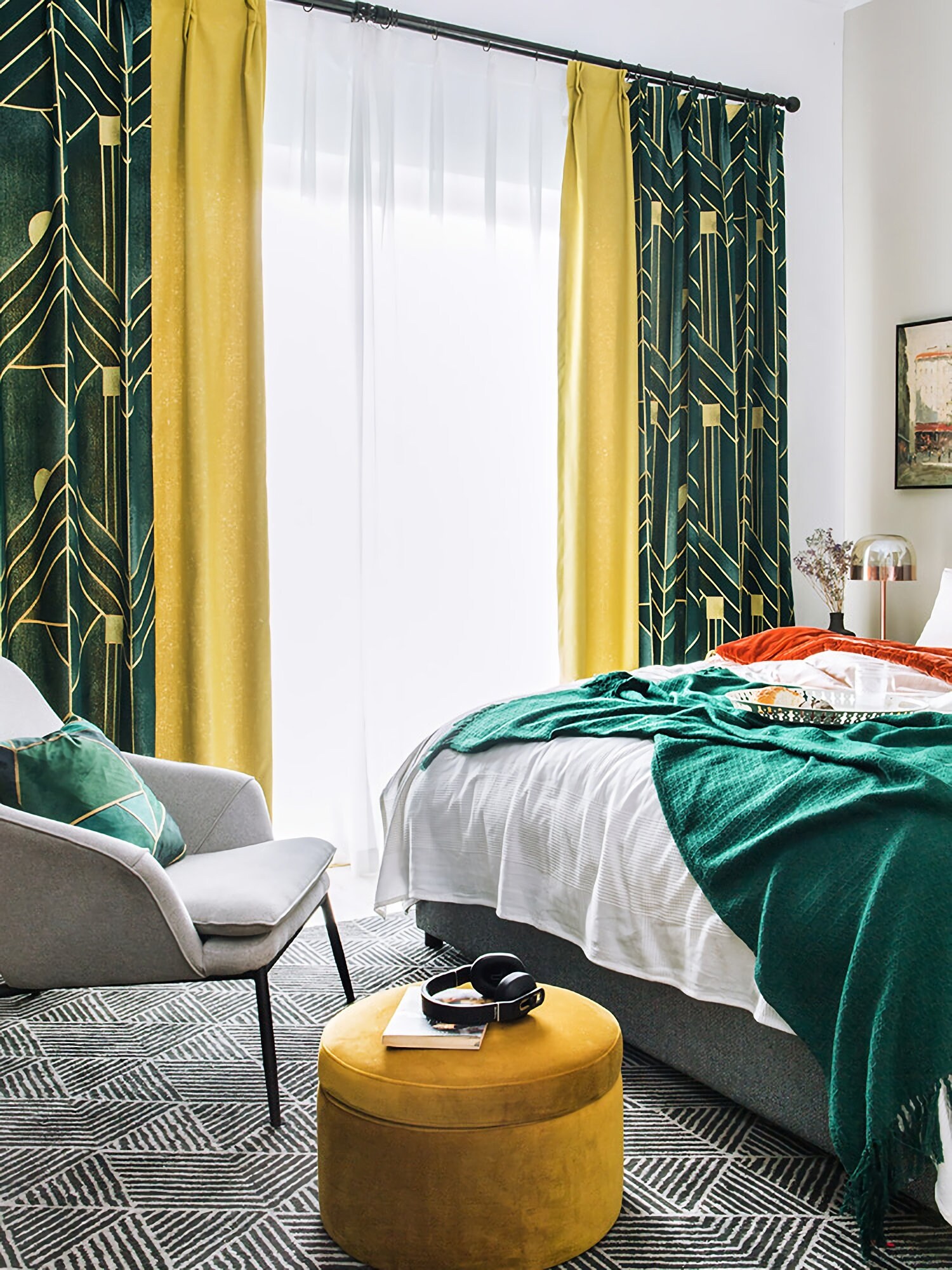 A pair of green/yellow Herringbone pattern Trim curtains Etsy