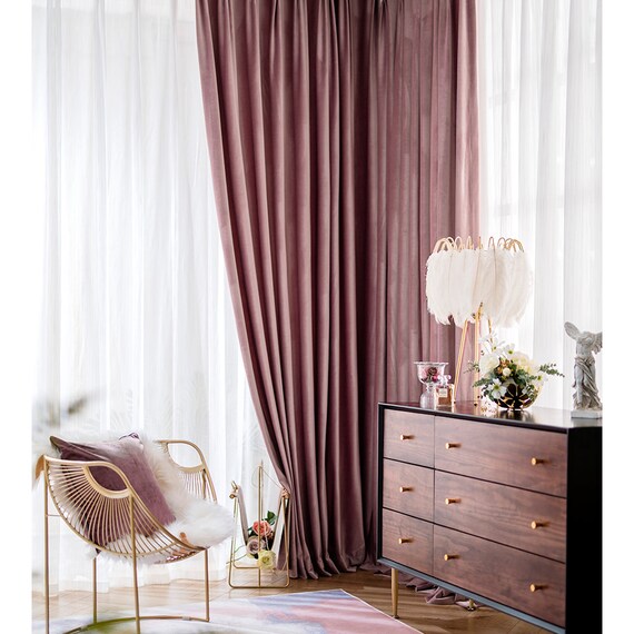 A Pair of Dusty Rose Luxury Velvet Curtains Bedroom Living of