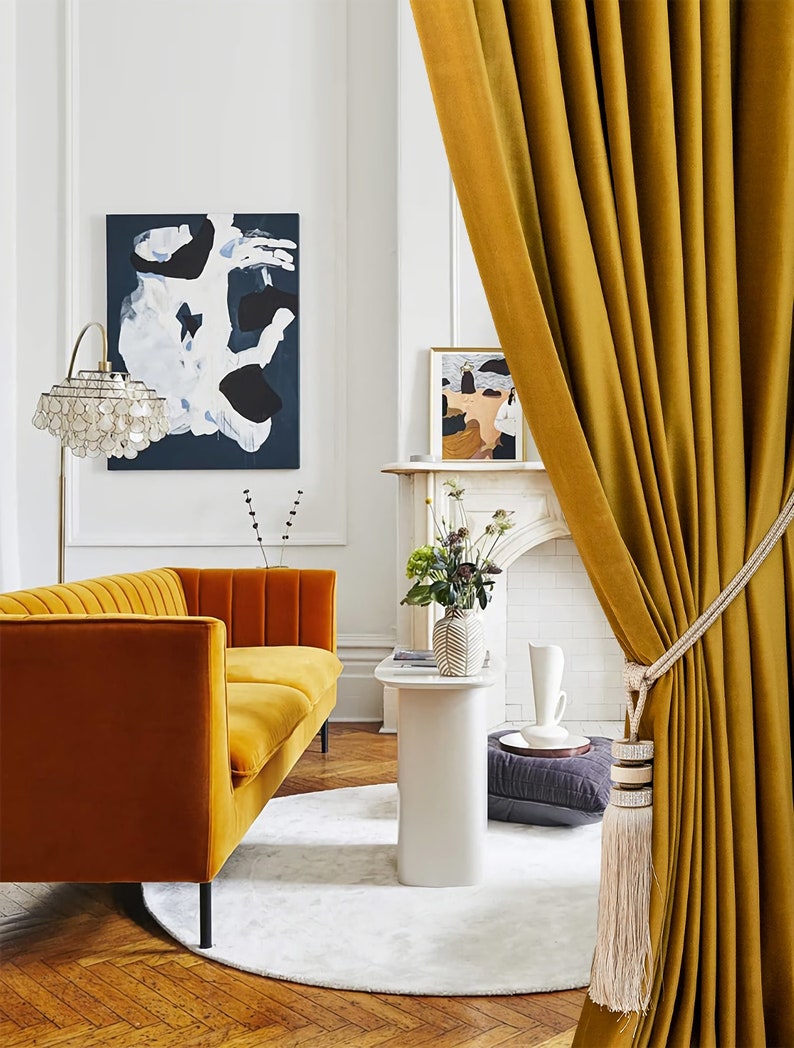 Pair of Solid Yellow Velvet Curtain Panel Velvet Look Drape Etsy