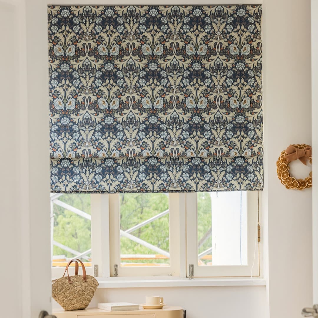 Blue Floral Flat Roman Shades for Windows, Roman Blinds for Kitchen
