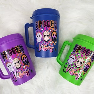 Hip Sips Spooky Vibes horror film 34oz HIP SIPS Mug with Lid and straw, Halloween Mug, Spooky Horror Mega Mug 34oz Cup, Gore Movie Mega Mug