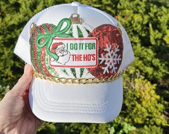 White Christmas Trucker Hat Patch &#39;I Do It For The Hoe&#39;s&#39; Trucker Hat, Christmas Santa Hat, Christmas Patch Hat