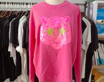 Hot Pink Tigers Sequin Mascot on Acid Wash Crew Neck 100% Cotton Perfect for Football Baseball Bowl Games Tailgating Prep Rally