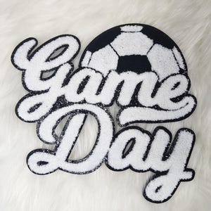 Large White Soccer Game Day Chenille Iron-on Glitter Patch