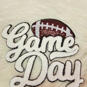 Large White Sequin Football Game Day Chenille Iron-on Black Glitter Patch