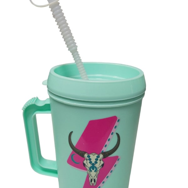 Western Hot Pink Lighting Bolt Cow 34oz Mega Mug with Lid and straw, Coffee Mega Mug 34oz Cup, XL Trucker Mug, Western Mega Mug