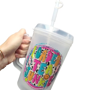 Loaded Tea Junkie 34oz Mega Mug with Lid and straw, Colorful Loaded Tea Mega Mug 34oz Cup, XL Trucker Mug, Loaded Tea Gifts, Nutrition Mug