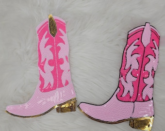 Hot Pink Cowgirl Boot Sequin Iron on Patch, DIY, Heat Press, Embellishments, Pink, Bling, Swiftie, Rodeo, DIY