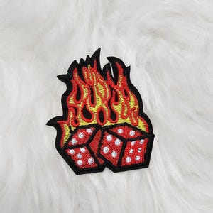 Flaming Red Dice Embroidery Iron On Patch