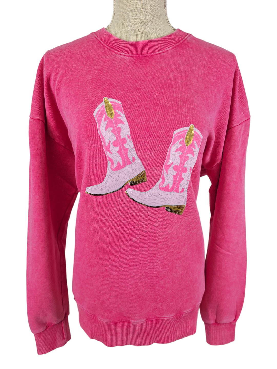 Hot Pink Sequin Cowgirl Boots on Acid Wash Crew Neck 100 Etsy