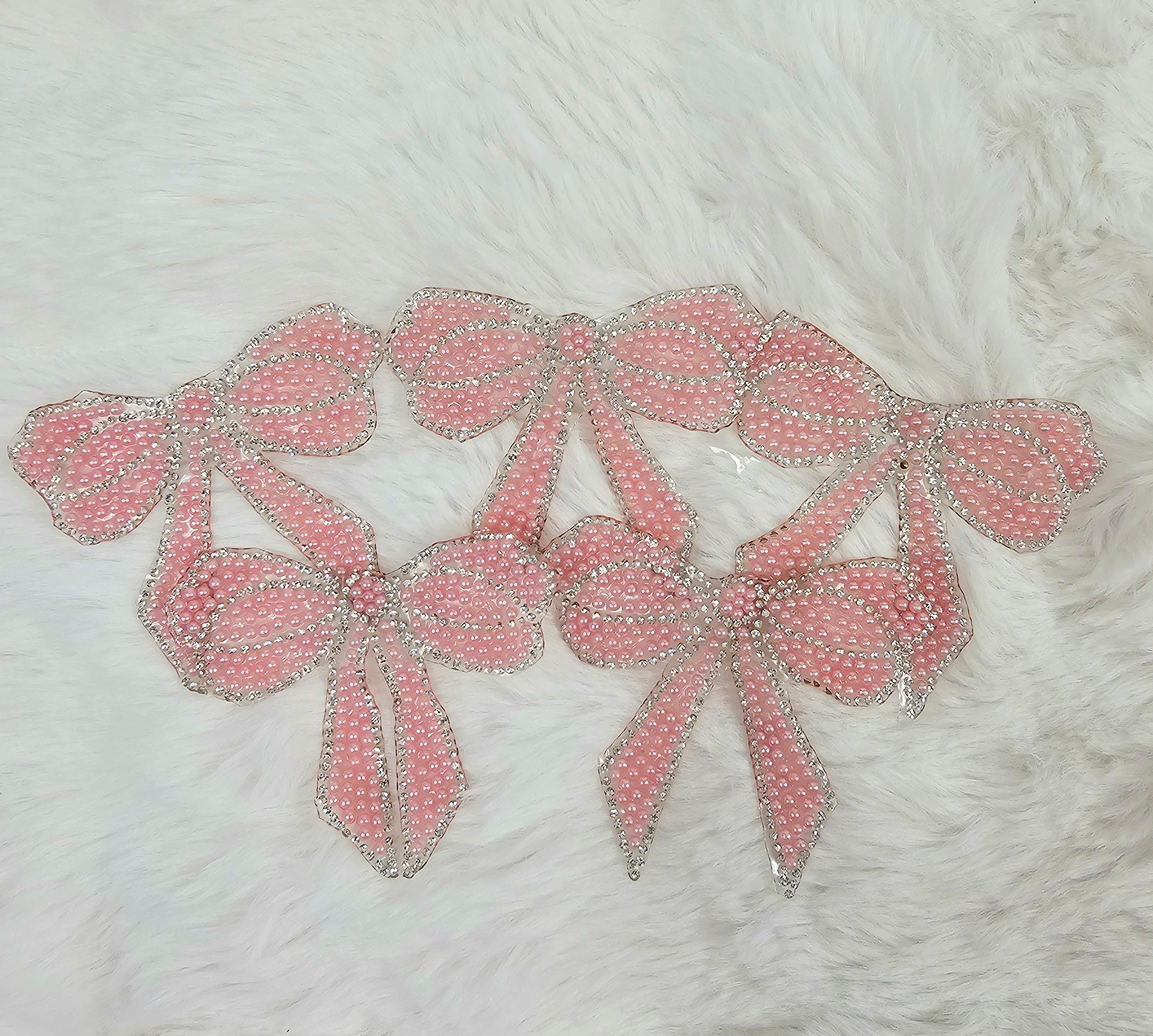 Pink Rhinestone Bow Rhinestone Bow With Silver Outline and Pink Pearl Iron-on Patch - Etsy