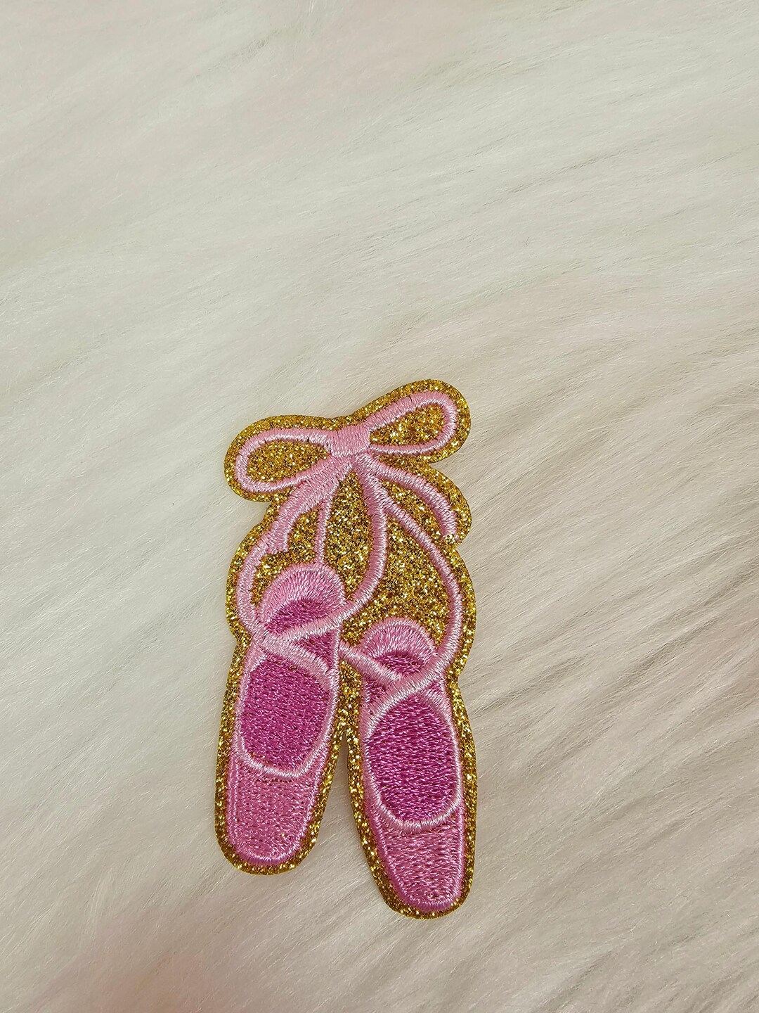 Ballerina Dance Pointe Shoes Pink Ribbon Gold Glitter Embroidery Iron ...