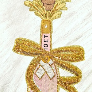 XXL Pink Rose Champagne with Bow Cheers Toast Large Sequin Iron on Patch, Pink Champagne Bottle Galentines Bridal Bachelorette Party Patch