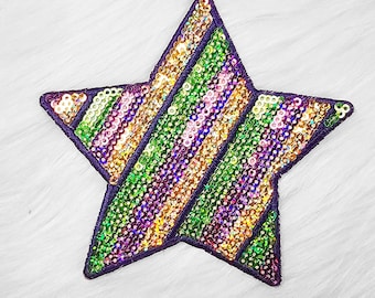 4&quot; Mardi Gras Purple Green and Holographic Gold Sequin Star Iron On Patch
