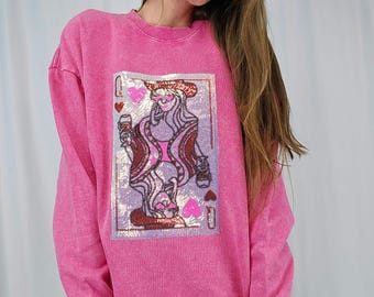 Sequin Queen of Hearts Cowgirl Crewneck Sweatshirt,  New Years Queen of Hearts Sequin Patch Crewneck, Vegas Playing Card Crewneck Sweater
