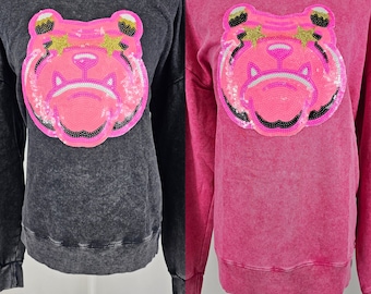 Hot Pink Bulldog Sequin Mascot on Acid Wash Crew Neck 100% Cotton Prewashed Perfect for Football Basketball Bowl Games Tailgating Prep Rally