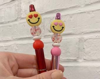 Happy face with hearts silicone bead pen / Heart pen / refillable ink pen / red pen / pink pen / teacher gift / Valentine / heart eyes pen