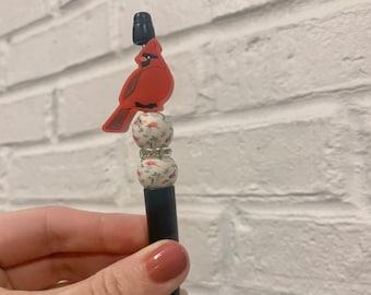 Cardinal Silicone bead pen / red bird pen / beaded pen / beadable pen / cardinal focal bead / cardinal bead pen / writing pen / teacher gift