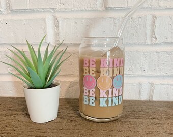 16 oz Coffee Glass Cup with Straw | Be Kind Glass Cup Can | Can Shaped Glass | Iced Coffee Glass | Cute Coffee Cup | HAND WASH ONLY