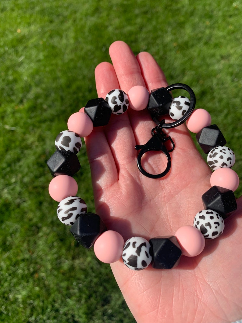 Silicone Bead Wristlet Keychain / Pink Cow Print Keychain / Etsy