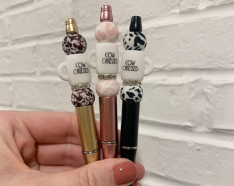 Cow obsessed coffee mug silicone bead pen / cow pen / pink cow print pen / refillable ink / brown cow pen / coffee cup pen / coffee mug pen