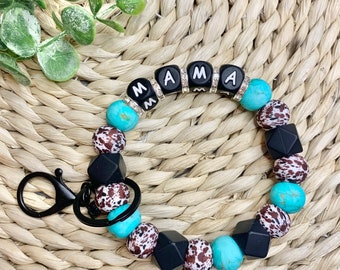 Western Mama Silicone Bead Wristlet Keychain / Turquoise Stone and Brown Cow Print Keychain / Wristlet Keychain / Western Bracelet Keychain