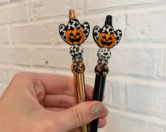 Pumpkin Cow Print silicone bead pen / pumpkin pen / halloween gift / beaded pen / teacher gift / refillable ink pen / office worker pen gift