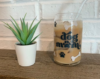 16 oz Coffee Glass Cup with Straw | Dog Mom Glass Cup Can | Can Shaped Glass | Iced Coffee Glass | Cute Coffee Cup | HAND WASH ONLY